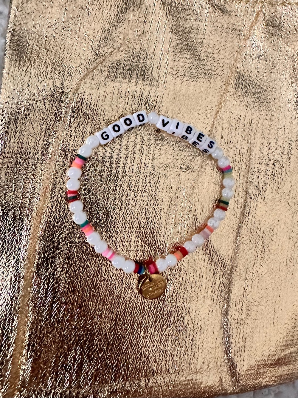 Good Vibes Little Words Project Multicolor Beaded Bracelet with Gold Charm